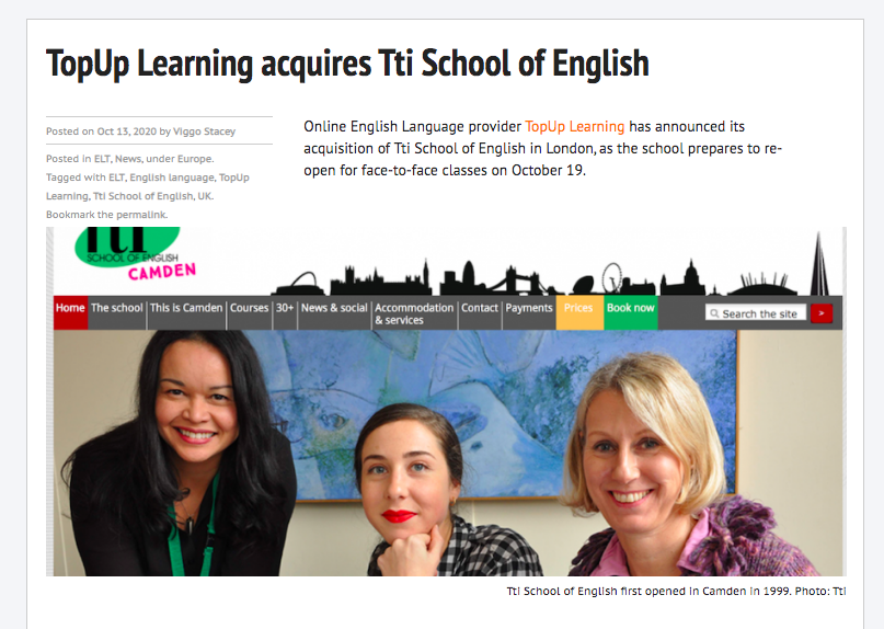 ThePIENews's tweet photo. Online English Language provider TopUp Learning has announced its acquisition of @TtiSchool in London, as the school prepares to re-open for face-to-face classes on October 19.

Read more: https://t.co/9vn9N43zNG https://t.co/YF7W9Gk3gk