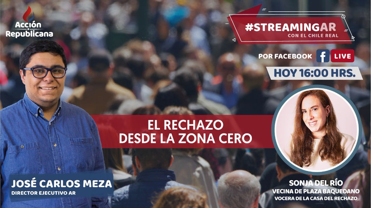 a_republicana's tweet photo. 📡 #StreamingAR
Es lamentable que a pocos días del plebiscito continúe la violencia y destrucción. Hoy a las 16 hrs estará con nosotros Sonja del Río, vecina de Plaza Baquedano, quien levantó la voz por el rechazo debido a las constantes manifestaciones violentas que debe vivir https://t.co/1UIx0R5ymS