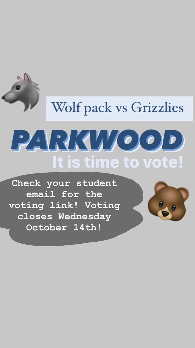 MAKE SURE TO VOTE!!! ALL VOTING CLOSES TOMORROW MORNING AT 8!!! WILL WE #RUNWITHTHEPACK 🐺🐺 🐺OR #GROWUPGRIZZLY 🐻🐻🐻?! <a href="/AGHoulihan/">Andrew G. Houlihan</a> @ParkwoodHS_NC <a href="/UCPSNC/">Union County Public Schools</a>
