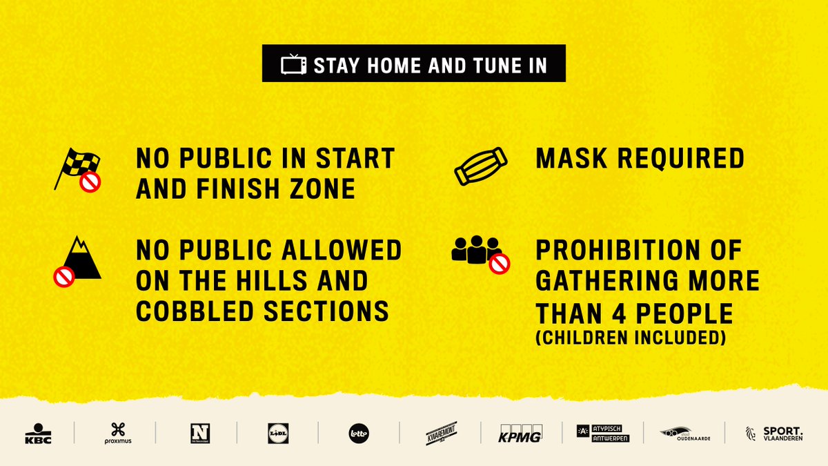 Zondag hebben we jullie hulp nodig! 🙏🏻

1️⃣ Blijf thuis en kijk massaal op tv

2️⃣ Geen publiek aan start &amp; finish, op hellingen en kasseistroken

3️⃣ Mondmaskerplicht

4️⃣ Samenscholingsverbod voor meer dan 4 personen

#FlandrienAtHome #RVV20

Meer info 👉 bit.ly/RVVlimited