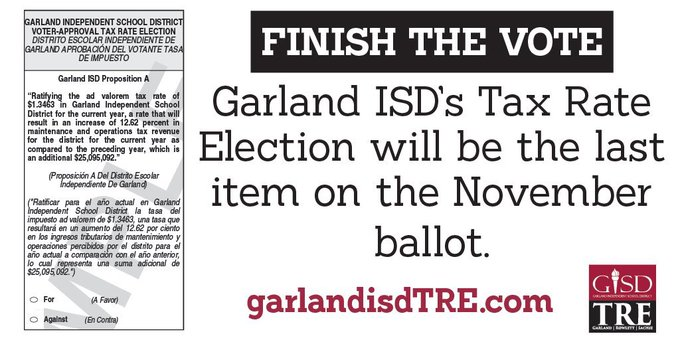 srcissokgisd's tweet photo. Early voting begins today. 🗳 Remember, the GISD TRE will be the last item item on the ballot.
@drlopez23 @DrBrentRingo @brandyrmayo @sherese_nix https://t.co/XYi12UHfNH
