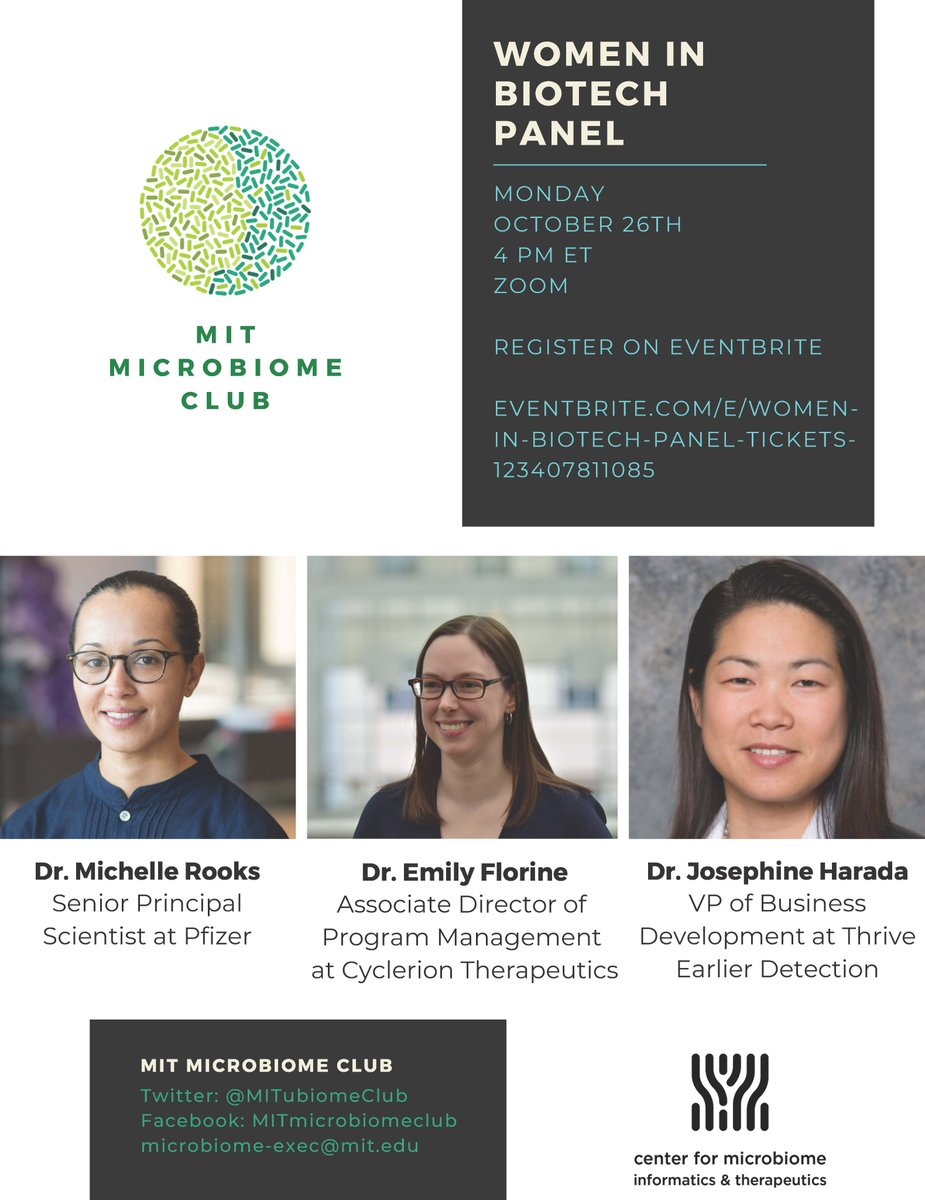 MITMbiomeClub's tweet image. We are so excited to be hosting a panel featuring three fantastic women who work in biotech! Please join us for this virtual career panel at 4 pm ET on Monday, October 26th. 

Register at: eventbrite.com/e/women-in-bio…