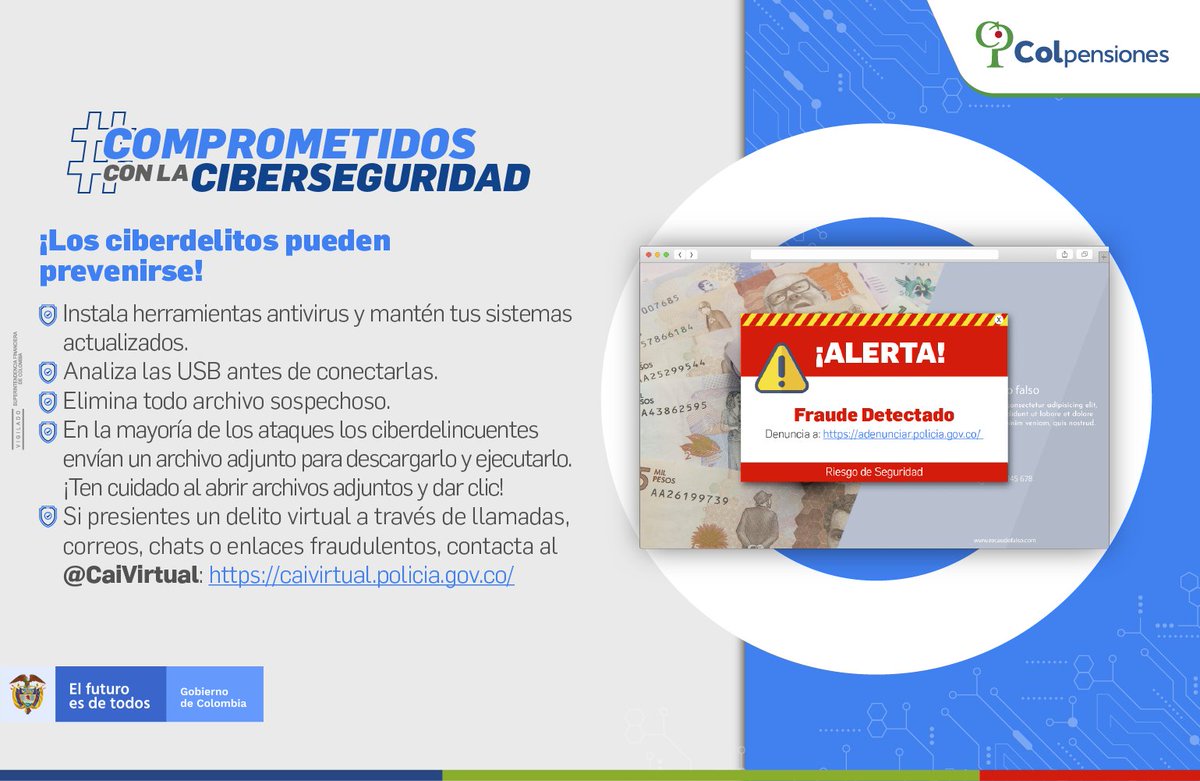 Colpensiones's tweet photo. El #CompromisoConlaCiberseguridad lo asumimos entre todos porque los fraudes pueden prevenirse si trabajamos de la mano: afiliados, pensionados, ahorradores y ciudadanía en general.
Denuncia irregularidades en @CAIVirtual https://t.co/Eyst89Sjaq