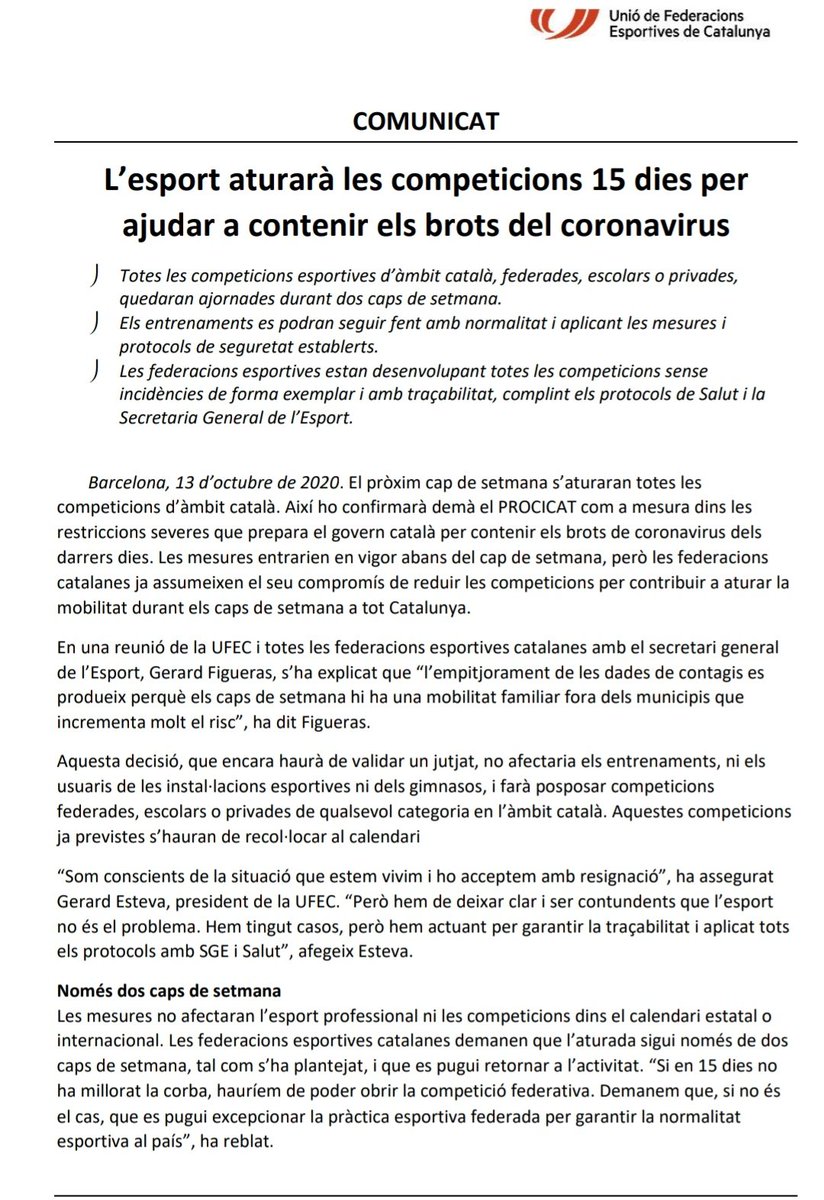 ÚLTIMA HORA: L'esport aturarà les competicions 15 dies per ajudar a contenir els brots del coronavirus.

#futbolcat