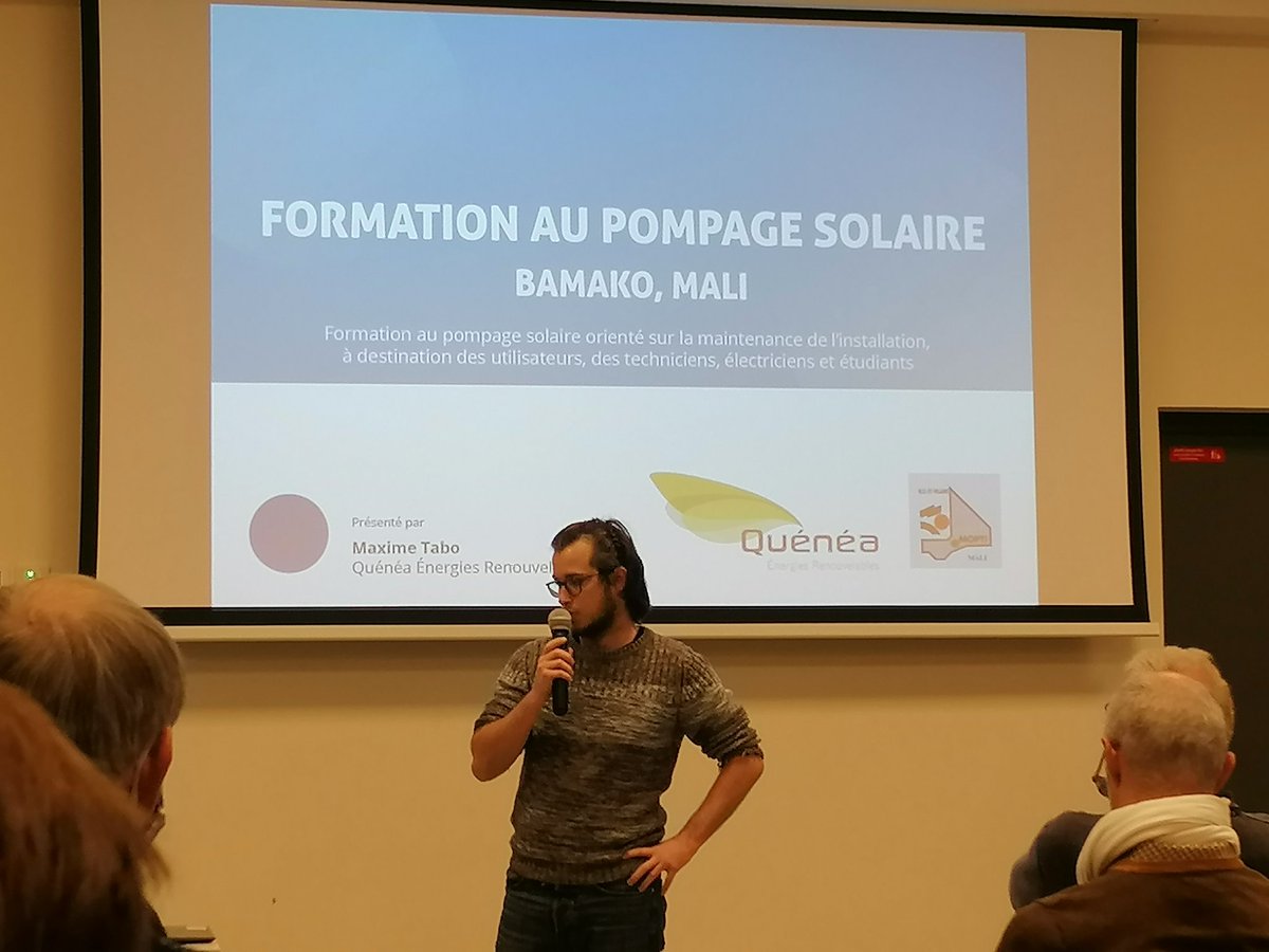LMerliere's tweet photo. Apero pitch @RBS_RRMA Présentation du projet de #formation au #pompage #solaire par Maxime TABO chargé d'études de @QueneaEnR. Projet porté par l AIVM, avec une mixité d'acteurs pour que les échanges Nord/Sud permettent une montée en compétence commune. https://t.co/8id89DowdO