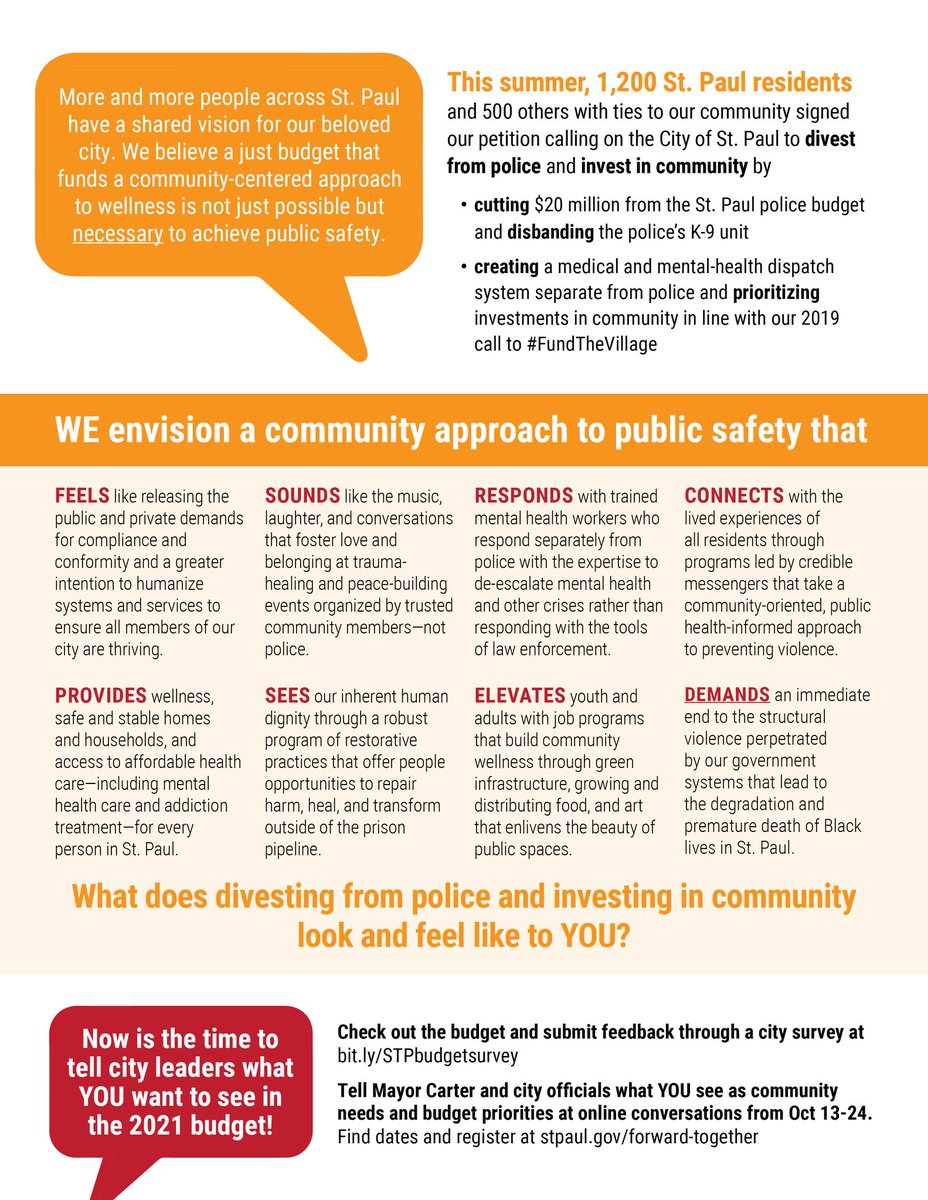 We all want to feel safe in Saint Paul. To make that happen, we need to stop over-spending on police and start funding community. See our response to the proposed 2021 city budget, which includes ways to offer input to city officials on the budget.