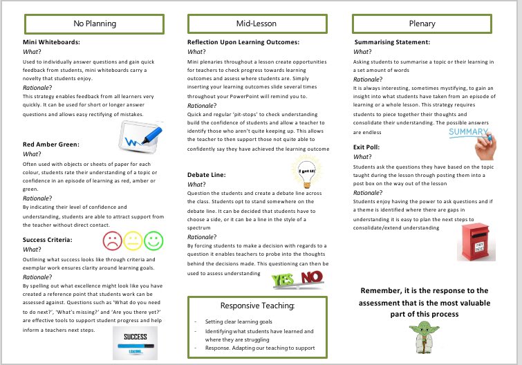 ajm_PE's tweet image. T&amp;amp;L Resource: My ‘Responsive Teaching’ tri-fold, created to help develop effective AfL. Designed to give staff a selection of quick strategies at their finger tips and make planning as easy as possible! DM for a copy #edutwitter #responsiveteaching #teachingandlearning