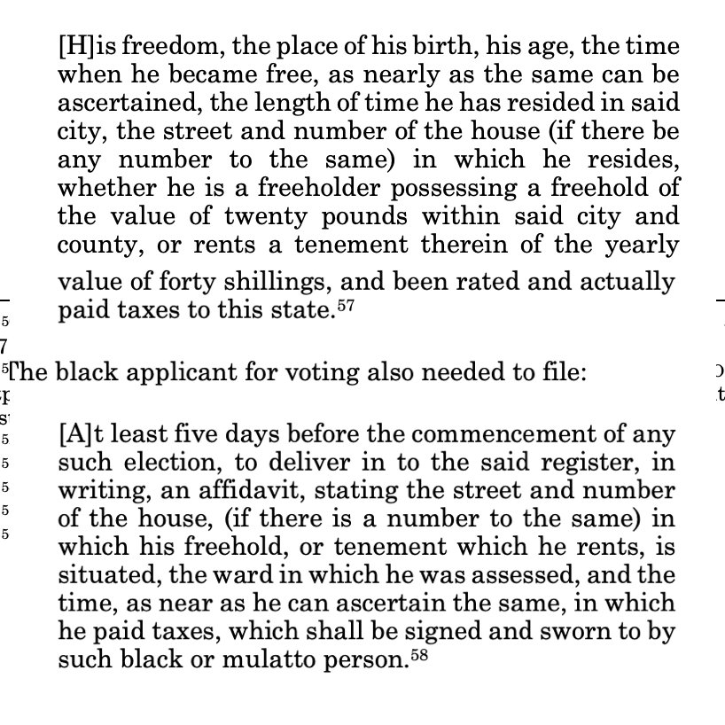 Take NY, for instance.In 1770, there were more enslaved Africans in NY than in Georgia. But the free Black property owners could vote. Then, when the state abolished slavery, what did they do? First, they just made it HARD to vote.To vote, a black person had to prove: