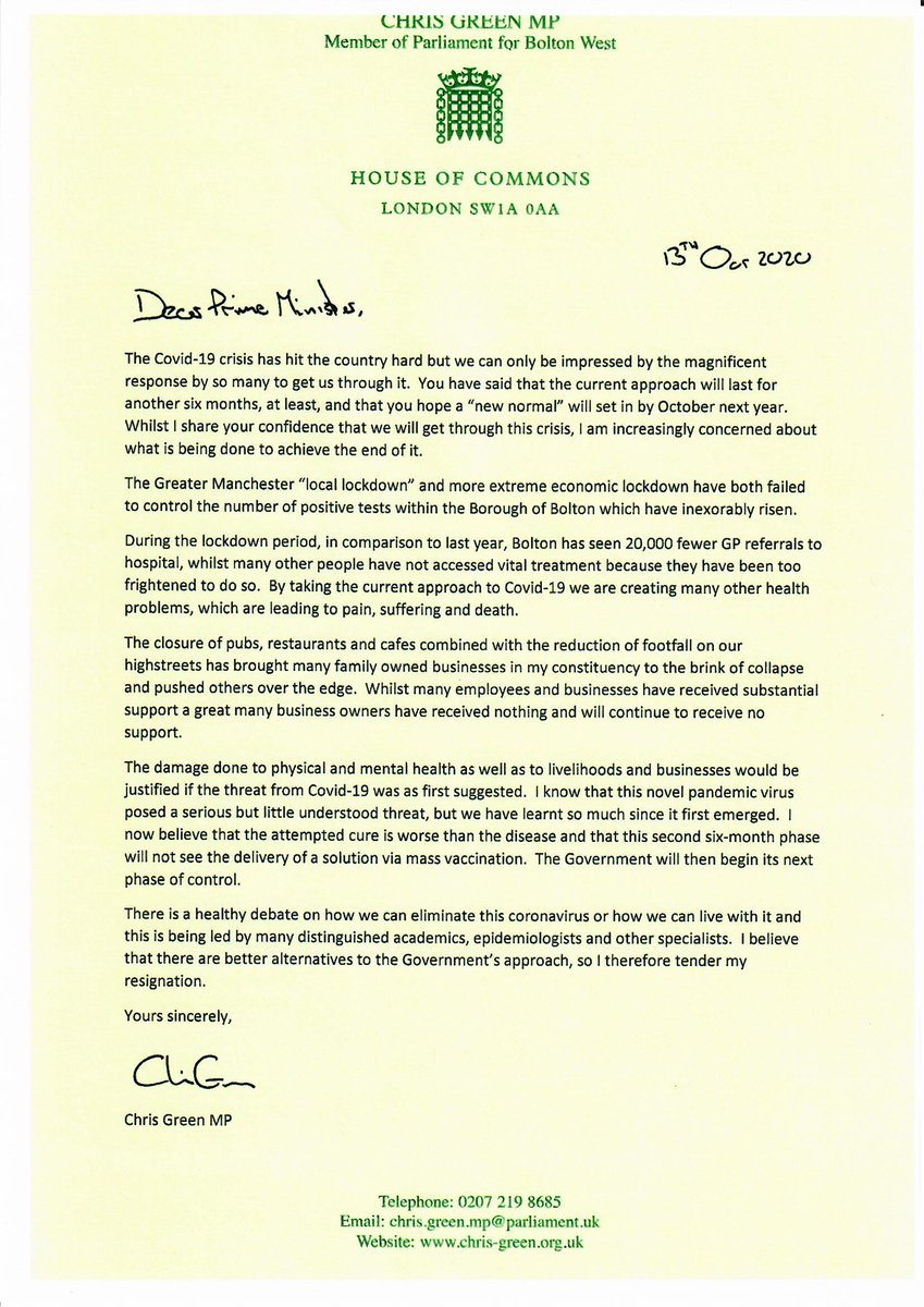 CGreenUK's tweet image. The Bolton lockdown has clearly not worked, and I believe that the cure is worse than the disease, so I have stepped down from my role as Parliamentary Private Secretary.