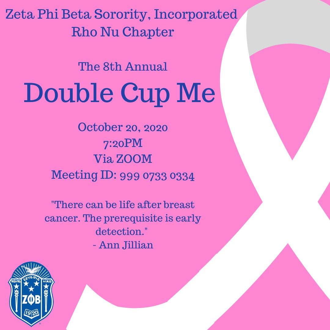 Join the Rho Nu Chapter at their 8th Annual "Double Cup Me" event on October 20, 2020 at 7:20PM via Zoom. Breast cancer survivor and speaker, Amica Kimberly Anderson, will be sharing her journey through breast cancer and her insights on prevention. 
#odu24 #odu23 #odu22 #odu21