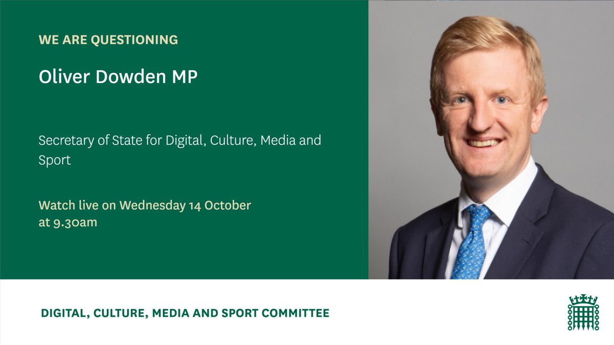 This morning we'll be putting questions to  @OliverDowden, Secretary of State for  @DCMS. We'll be sharing key points on this thread, but you can also watch live from 9.30 here:  https://parliamentlive.tv/Event/Index/e0c11fd2-c610-4dfc-be42-24709bb089a6 @julianknight15