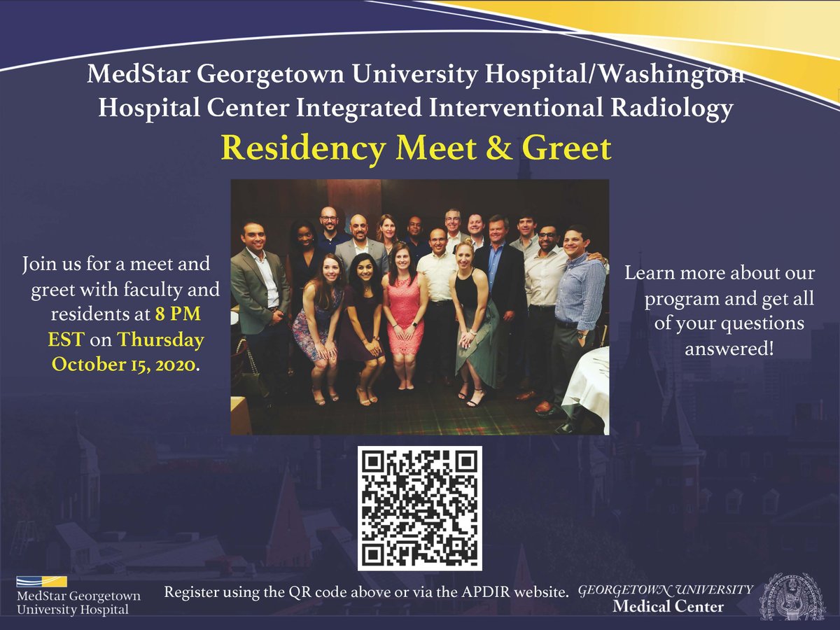 Tune in on 10/15 at 8PM EST for the Georgetown Radiology Residency Program!

docs.google.com/forms/d/e/1FAI…

#futureradres #futureiradres #radres #iradres #radiologymatch @Georgetown_IR