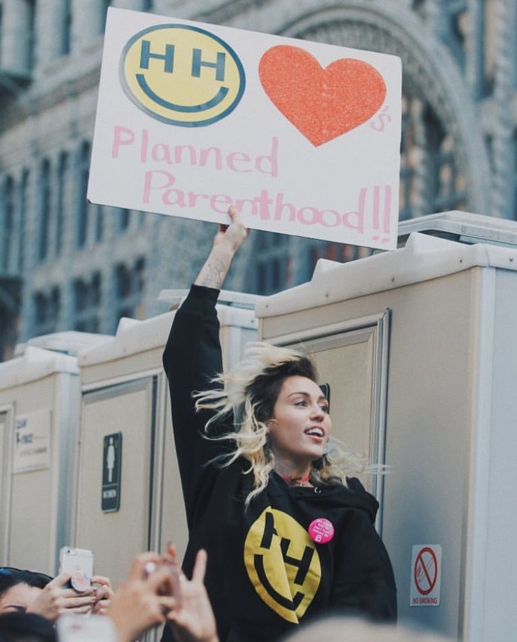In January 2017, Miley attended Woman's March in LA and stood for "Planned Parenthood" through her Happy Hippie Foundation among the crowd advocating for women's rights.