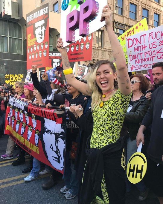 In January 2017, Miley attended Woman's March in LA and stood for "Planned Parenthood" through her Happy Hippie Foundation among the crowd advocating for women's rights.