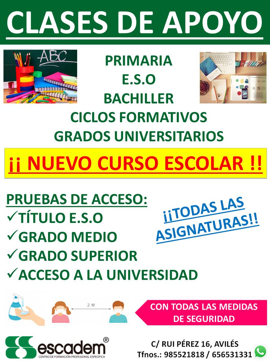 Escadem's tweet photo. #ClasesDeApoyo Te ayudamos con los deberes!!! #Todas las #Asignaturas, amplias aulas, grupos reducidos y #protocolo específico anti Covid 😷 ¡¡Infórmate sin compromiso!! #Escadem Tlfs. 985521818 / 656531331 https://t.co/P2vKHhHtgP