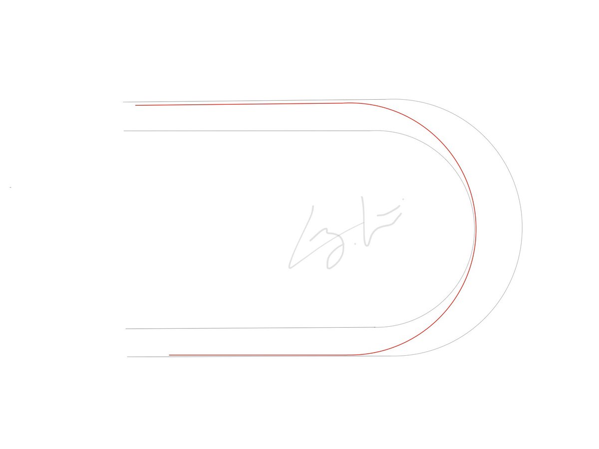 Here is a normal 180 corner with the red being the optimum racing line (simply highest possible radius within track limits) very clear: one apex and straightforward line.