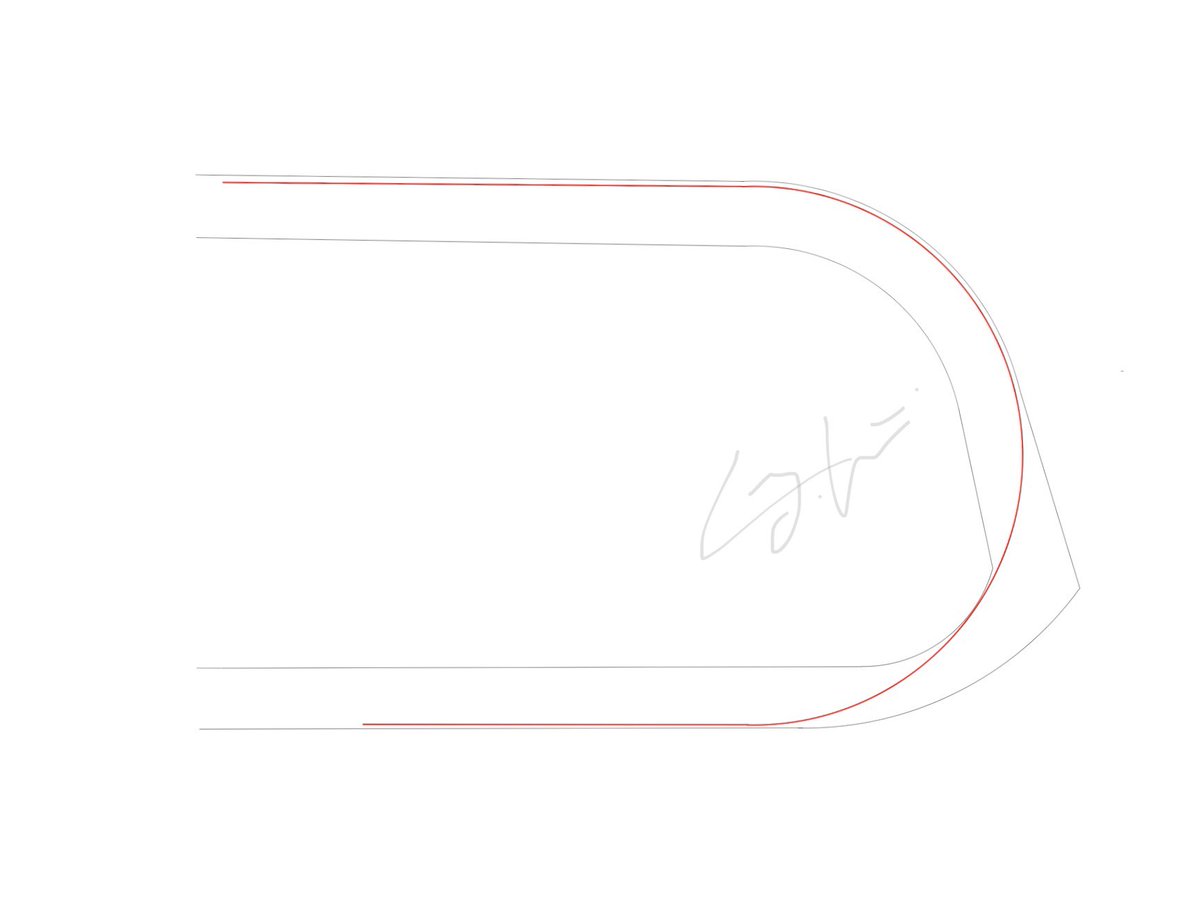 Now exactly the same corner but with variable geometry track edges. The optimum racing line (biggest radius) has multiple apexes on entry and mid corner. Making it much more tricky to drive and creating much more line opportunities.