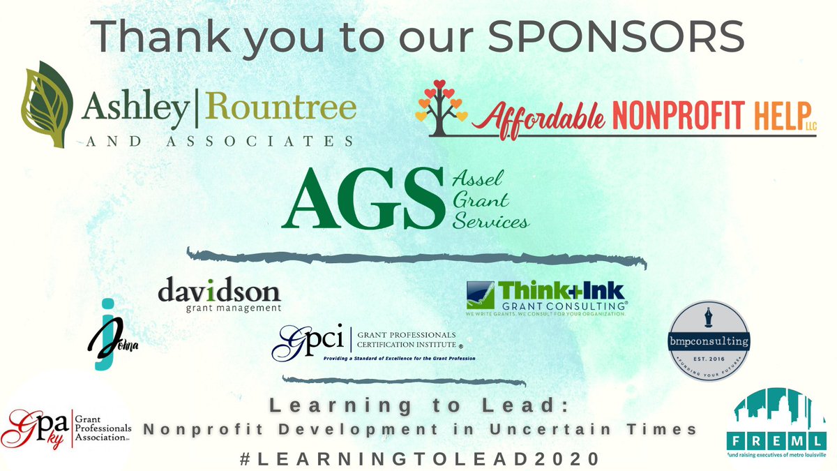 KyGPA's tweet photo. Thank you to all of the sponsors who made #LearningtoLead2020 possible - Affordable Nonprofit Help, @AshleyRountree, @ACgrants, @JohnaRodgersGPC, @thinkinkgrants, @davidson_grants, @BethanyMPlanton, and @GPCInstitute. https://t.co/NEFaXjFYM2