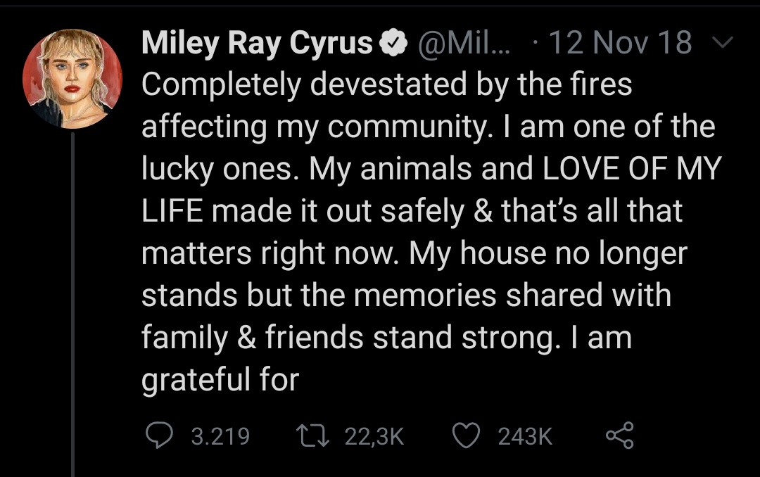 After the devastating wildfires in California in 2018 that lead to Miley and Liam Hemsworth losing home, the two donated $500.000 to the Malibu foundation (through Happy Hippie) to help with relief efforts in the local area (last pic was about their home ).