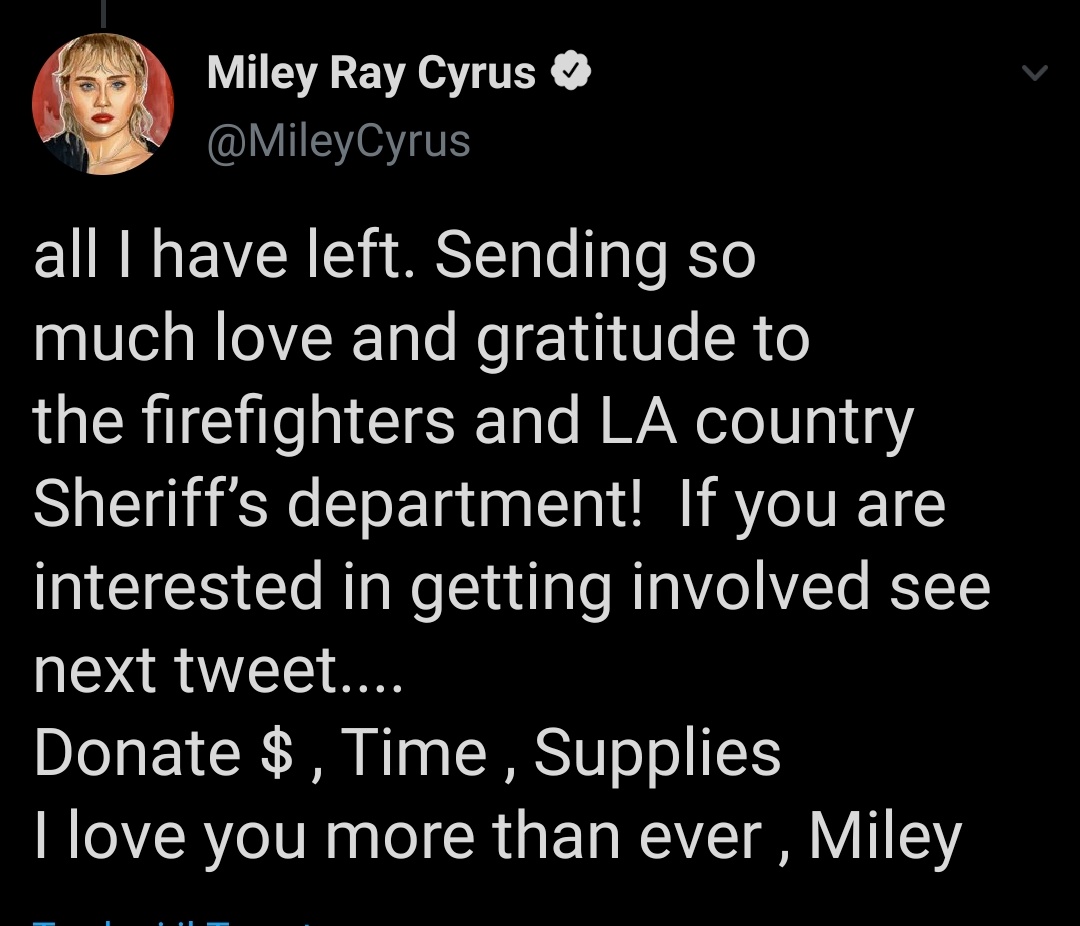 After the devastating wildfires in California in 2018 that lead to Miley and Liam Hemsworth losing home, the two donated $500.000 to the Malibu foundation (through Happy Hippie) to help with relief efforts in the local area (last pic was about their home ).