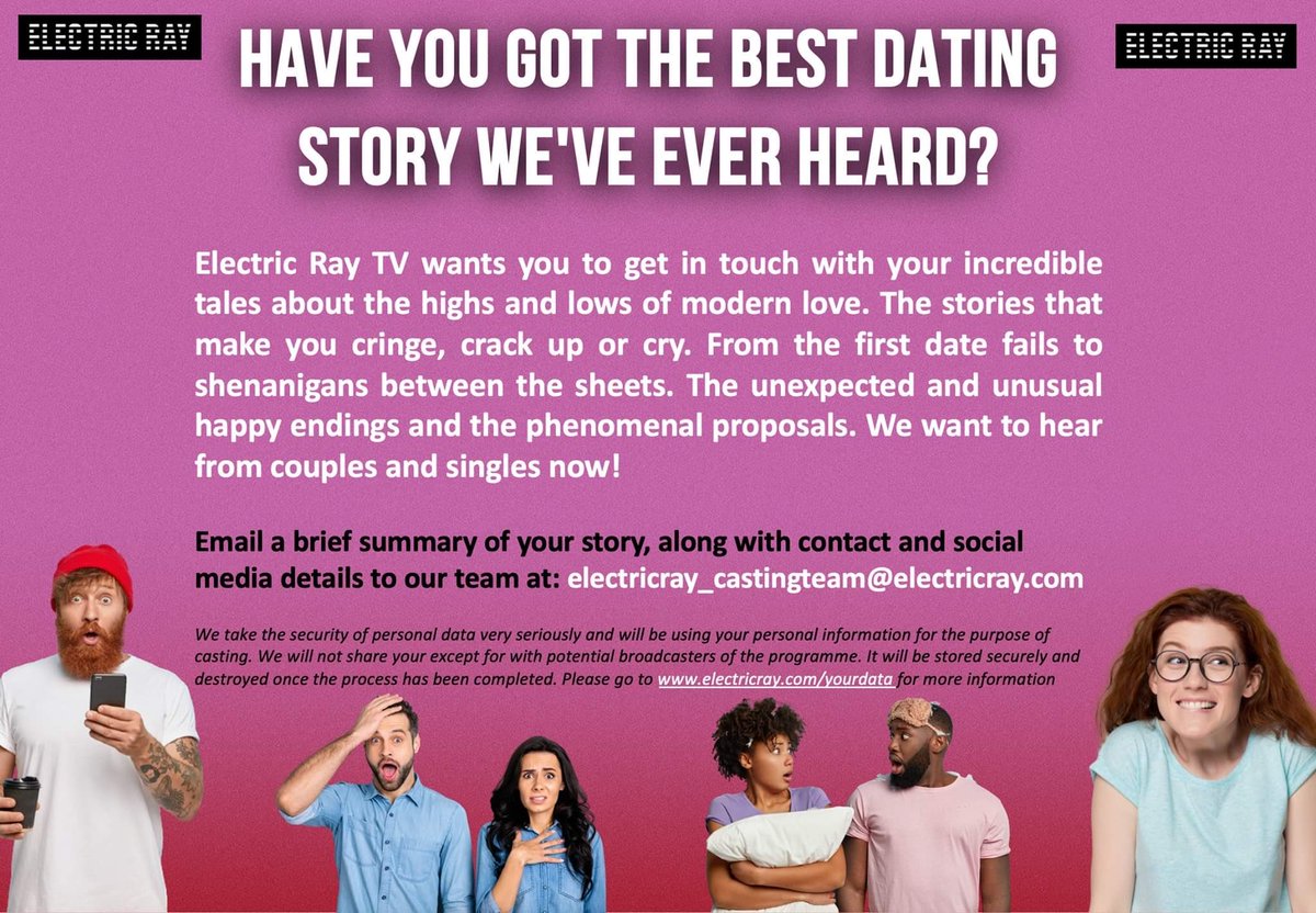 Faaye_TV's tweet photo. Electric Ray would love to hear your best and funniest dating stories! Email electricray_castingteam@electricray.com #dating #funnydates #datinglols #datingstories #lockdowndating #beontv #castingcall #ukcasting https://t.co/6mHEudiDFQ