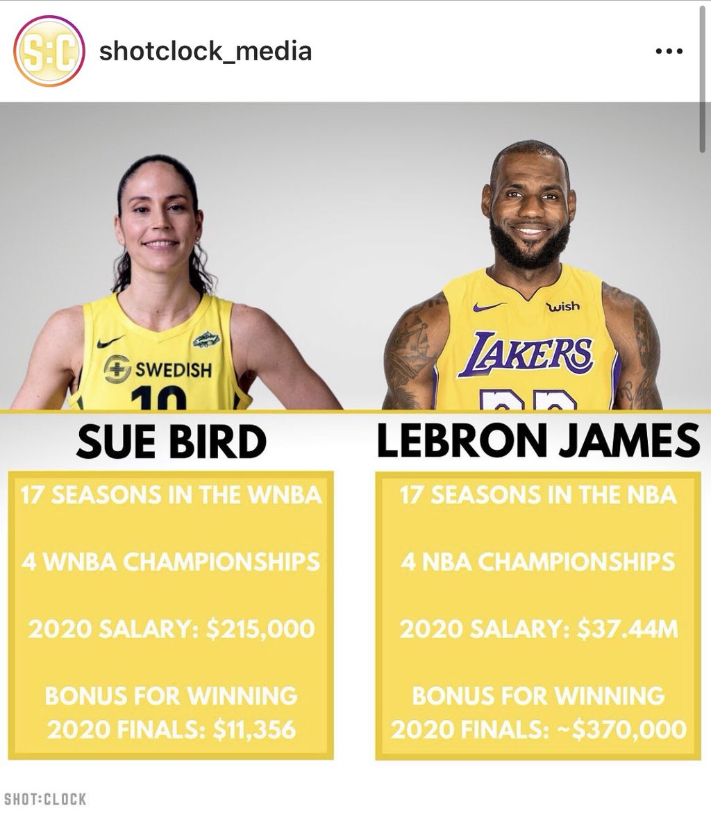 Being a crossover account for a second: Two champions, @S10Bird and @KingJames, have the same number of seasons (17) and championships (4) in the @WNBA and @NBA. Salary difference in 2020: 💵37.2 MILLION DOLLARS💵 Credit: @shotclock_media on IG