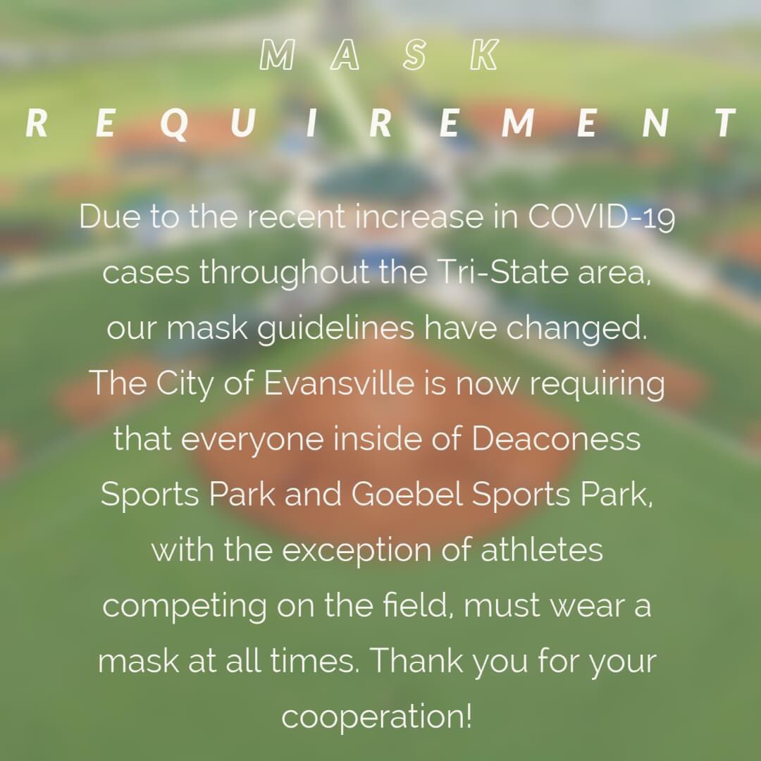 SportsEvv's tweet photo. EFFECTIVE IMMEDIATELY: COVID-19 MASK REQUIREMENT!

The City of Evansville is now requiring masks for everyone inside of both Deaconess Sports Park &amp; Goebel Sports Park at all times. We will have masks available at the gate for those that need them. https://t.co/87tufC02hO
