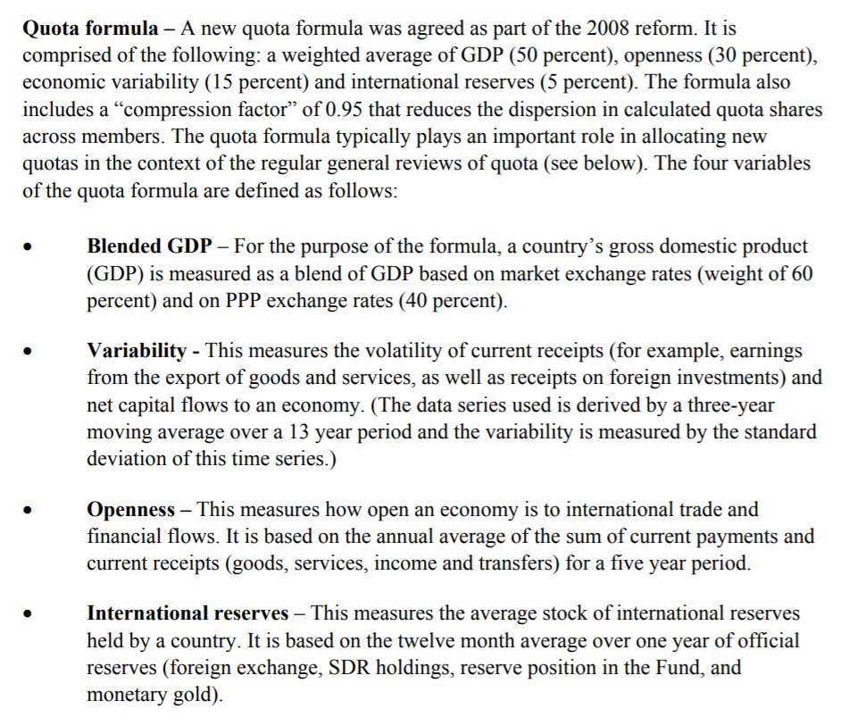 You know what's an easy tell for this? IMF quota aka voting power.It's supposed to be based on GDP, openness, macro stability, and FX reserves. China has 6% of the quota - a fair allocation is over 2x that (!), at 13-14%. Who has been blocking this shift since 2011? Guess.9/n