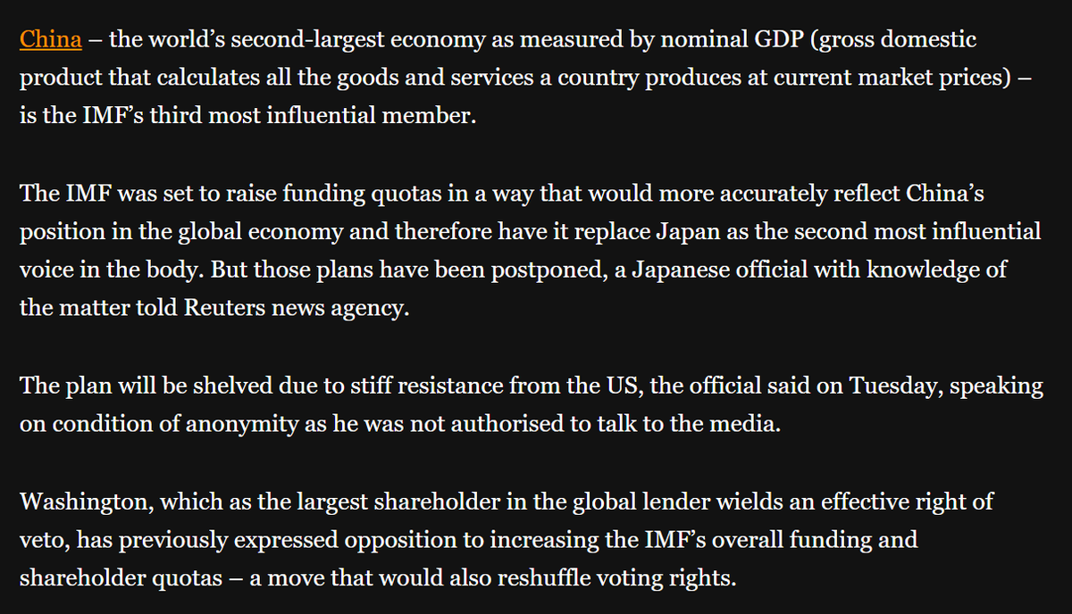 You know what's an easy tell for this? IMF quota aka voting power.It's supposed to be based on GDP, openness, macro stability, and FX reserves. China has 6% of the quota - a fair allocation is over 2x that (!), at 13-14%. Who has been blocking this shift since 2011? Guess.9/n