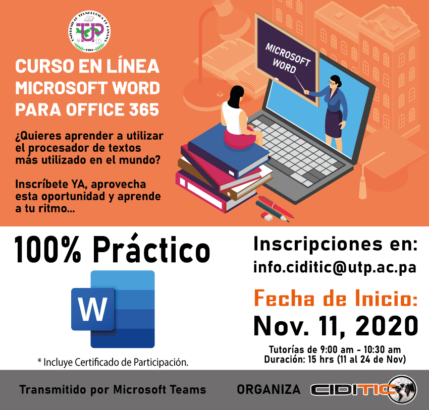 utpciditic's tweet photo. Buenos días @utppanama #ciditic anuncia la apertura de inscripciones al Curso "Microsoft Word para Office 365"
Aprovecha esta oportunidad y aprende a tu ritmo. El curso es 100% práctico y no tiene costo. Inscríbete en https://t.co/wcdv5UDCMu https://t.co/hEFgiAv4xD