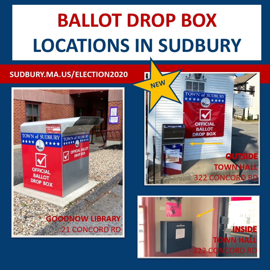 Sudbury_Town's tweet image. NEW BALLOT DROP BOX Location: OUTSIDE Town Hall at 322 Concord Road. Get Election Information at sudbury.ma.us/clerk/?p=2719.