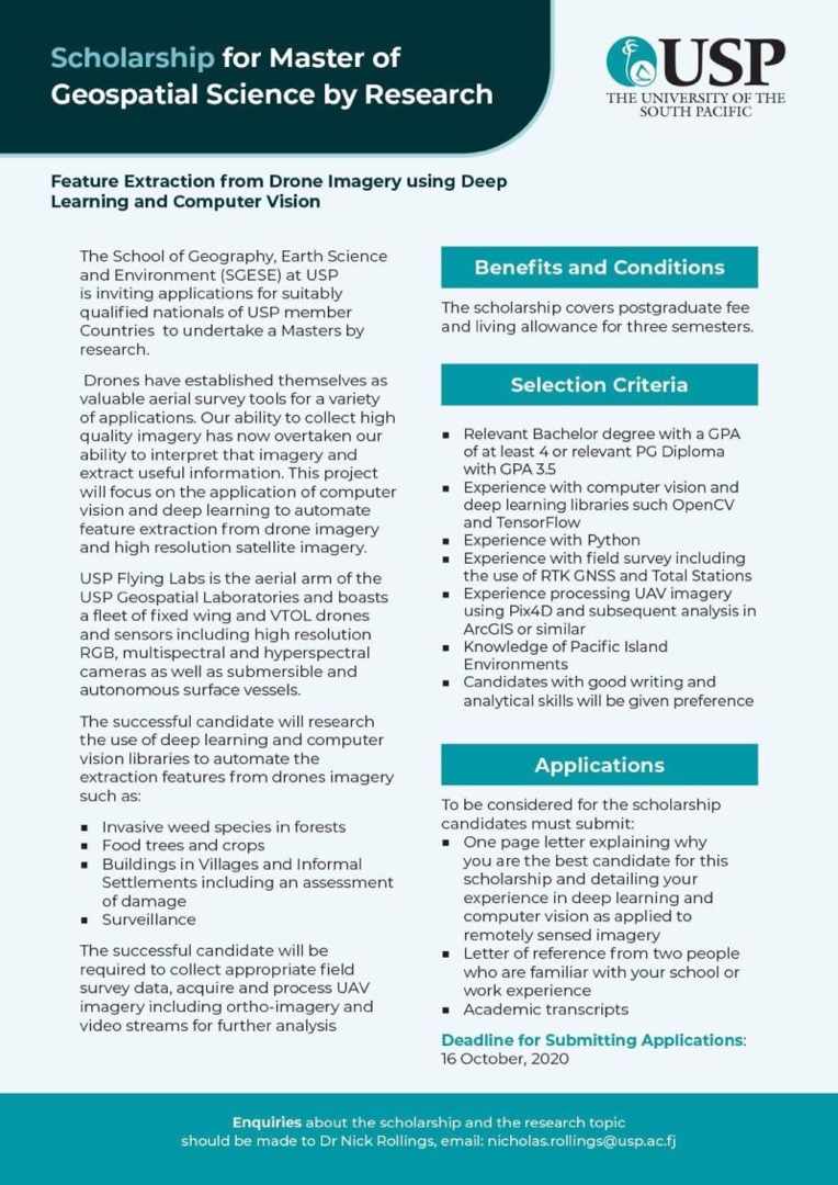 Scholarship Alert 🛑🛑🛑

#Scholarship for #Master of #Geospatial Science by Research @UniSouthPacific

Deadline: 16/10/2020

#featureextraction #forest #deeplearning #computervision #drone #imagery