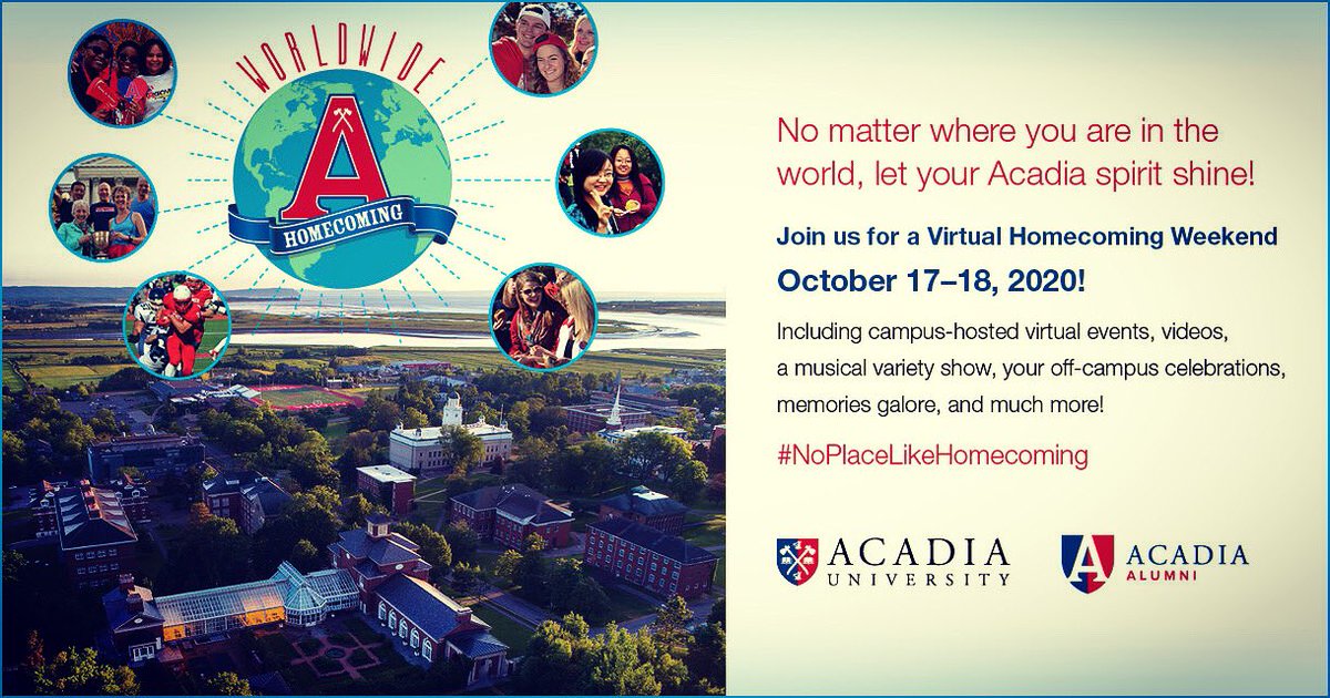 Destination_ACA's tweet image. HOMECOMING THIS WEEKEND! Join the fun virtually. Relive wonderful memories. Enjoy amazing speakers. www2.acadiau.ca/alumni-friends… @AcadiaU #standupandcheer
