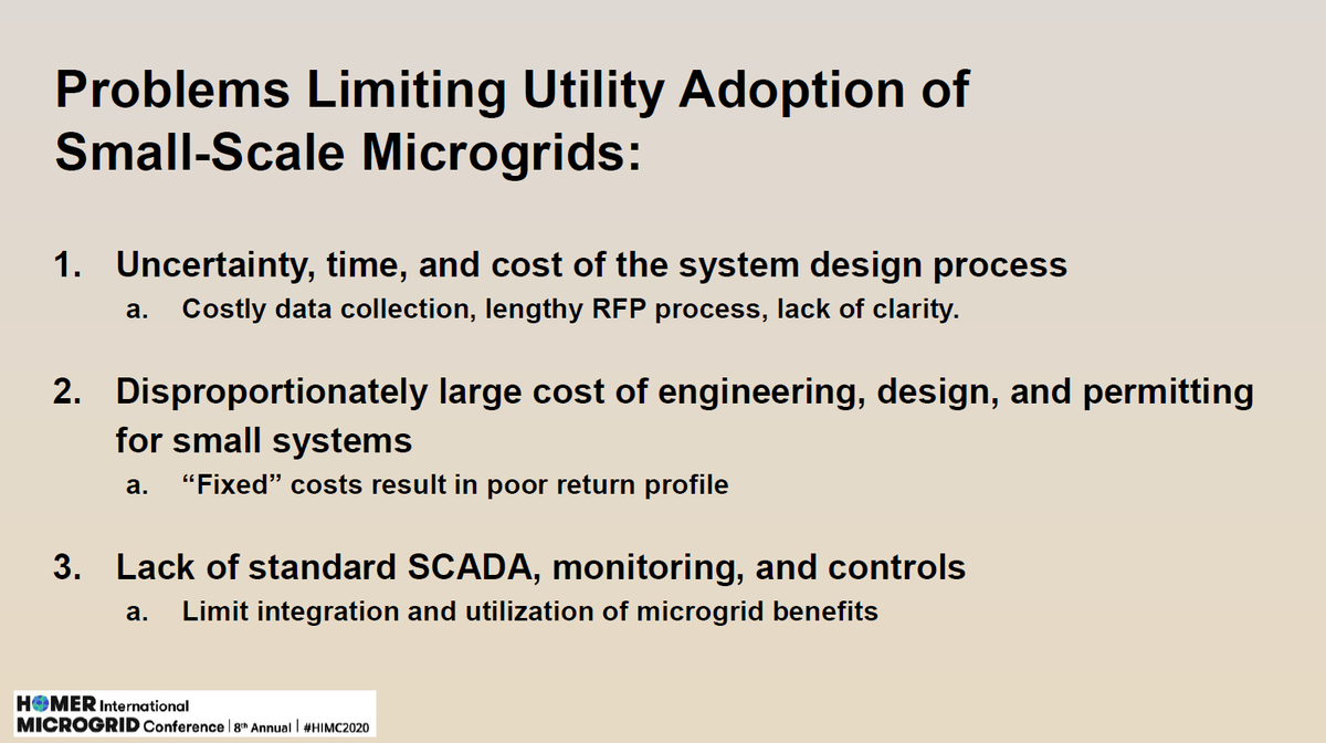 HOMEREnergy's tweet photo. Michele Nesbit of @boxpowersystems highlights the problems that are limiting the utility adoption of small-scale #microgrids. We must overcome these so we can have create resiliency on a large scale for our energy future. #HIMC2020 https://t.co/5grrNYAlnK