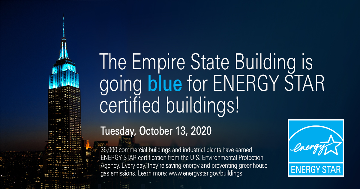 ENERGYSTAR's tweet photo. Lighting up the @EmpireStateBldg with ENERGY STAR blue is one way of saying ‘thank you’ to the 36,000 ENERGY STAR buildings that save energy and prevent 58,000 metric tons of greenhouse gas emissions EVERY DAY. Thank you for your incredible efforts! https://t.co/fq4NI8BTed