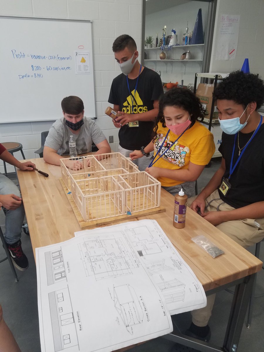 GeometryIn's tweet photo. The balsa wood house is being finished today in the GIC class. Students are learning about studs, headers, rough door and window openings and trusses. #ahstrojanfam https://t.co/FvjPWDh21A