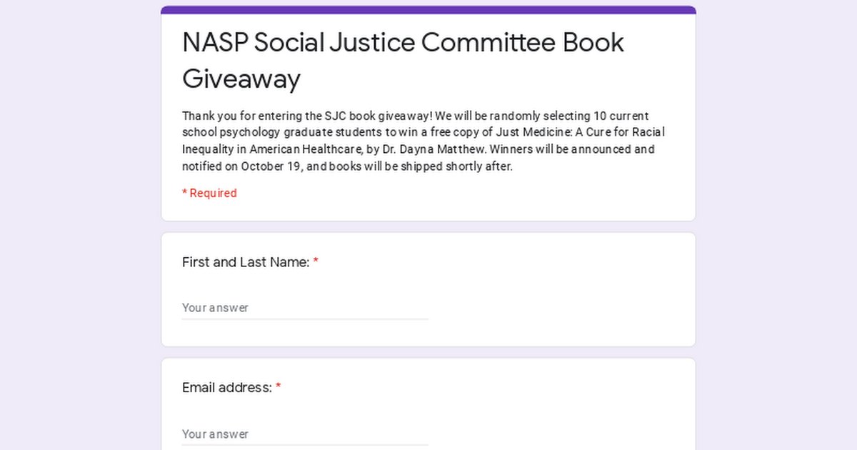 nasponline's tweet photo. Don't miss out! We are giving away copies of #JustMedicine to 10 graduate students hoping to participate in our #NationalBookRead to promote social justice in school psychology. For a chance to win,  complete this form by Friday: https://t.co/OOwTgp8O9i

#SP4SJ #NASPadvocates https://t.co/9GokPA6Wkn
