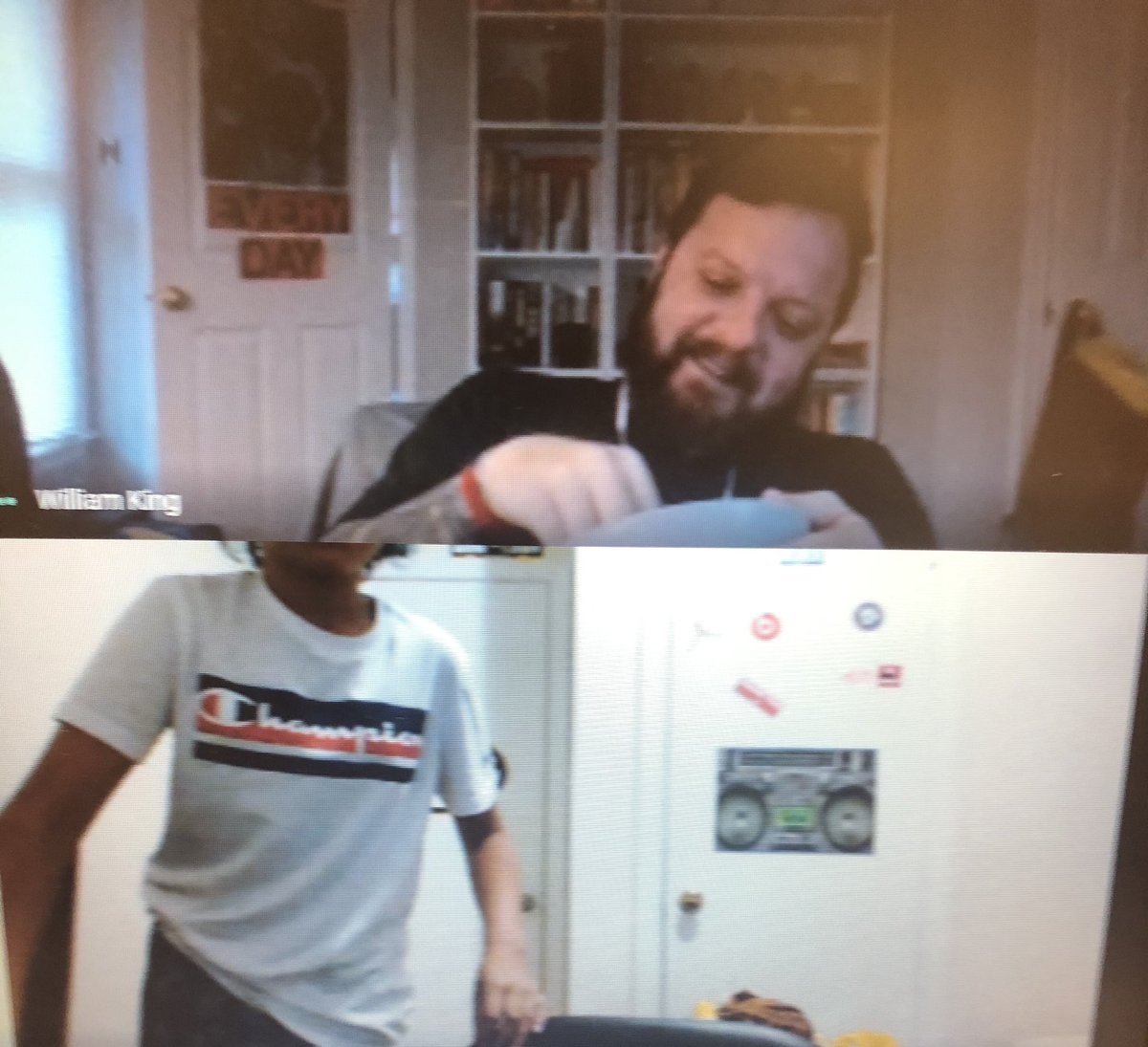 GrammarNerd23's tweet image. Best lunch bunch ever. ⁦@Mr_King_EDMS⁩ helped us practice our “the internet is lagging” poses 😂 I couldn’t hold mine long without laughing! ⁦@EdmsRavens⁩ #everyraveneveryday_edms #perksofvirtuallearning