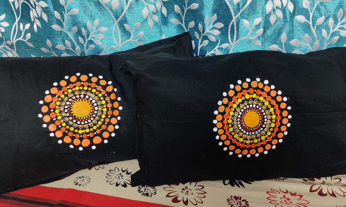 New is always exciting and beautiful. 🥰
Tried something new today : Dotted Mandala on pillow covers #dottedmandala #newartstyle #firstime #colorfulart #mandaladesign #pillowcovers #dotting #dotart #tools #fevicrylacrylic #handpainted #mandalatherapy #dotaddicted #dotwork