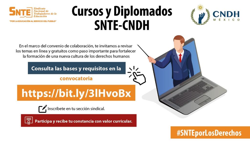 #SNTEconMéxico #preSNTE55

🔴 Sé parte de nueva cultura de Derechos Humanos 🧑‍🤝‍🧑 y suma valor curricular a tu formación profesional 👉#SNTE 📚 <a href="/CNDH/">CNDH en México</a> 🕊️ convocan bit.ly/3lHvoBx Regístrate en tu Sección ✅ #SNTEporLosDerechos 🕊️
