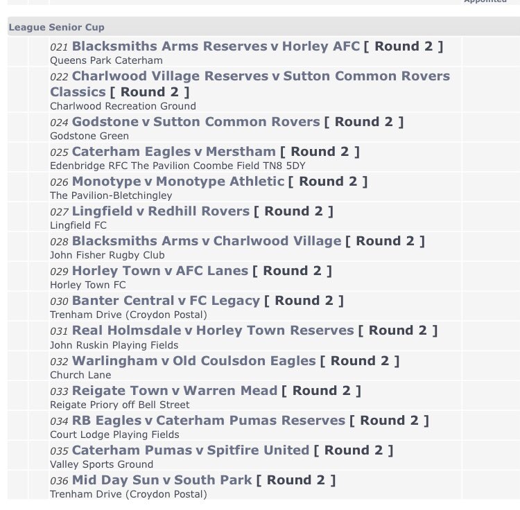 LeagueRedhill's tweet photo. Senior League Cup Round 2 Ties. Games to be played Sunday 01/11/2020. (Coulsdon v Oxted 08/11/2020) https://t.co/6boyzVKlma