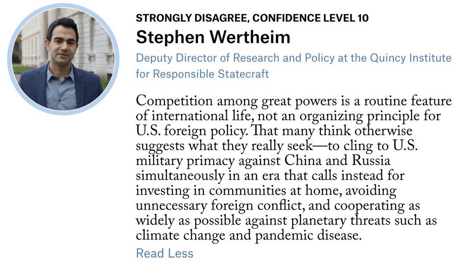 . @stephenwertheim, Deputy Director of Research & Policy at  @QuincyInst, answered by highlighting how a great-power approach to foreign policy could be harmful to domestic health and security.3/