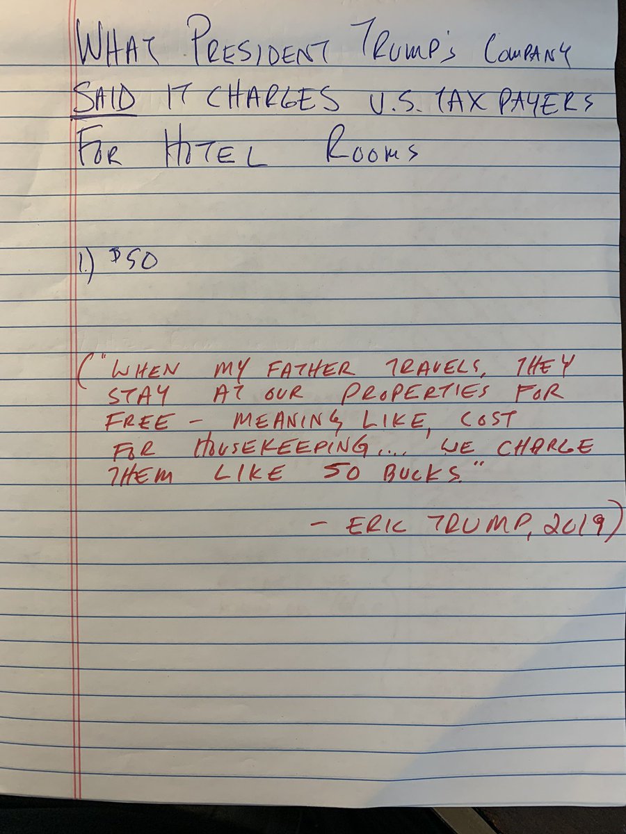 First we learned what  @realdonaldtrump’s company *said* was happening.They said that, when Trump’s aides and Secret Service agents needed rooms at Trump properties, the company charged super-low rates. “Like $50 bucks,” per night,  @erictrump said.