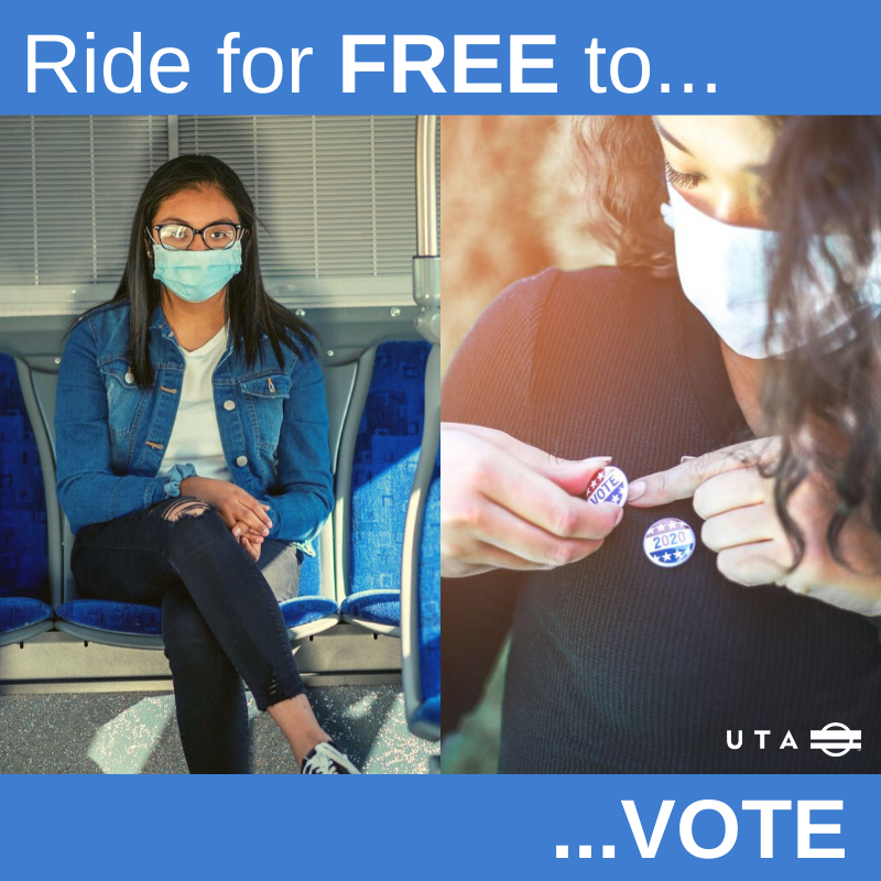 RideUTA's tweet photo. It's true, all of UTA's services are FREE on Election Day, November 3, 2020.
Our aim with this #FreeFare day is to ensure unrestricted public access to polling locations across UTA’s service area.
#UTAtoVOTE ☑️
#vote #getoutthevote #vote2020 #utahelection #utah #SLC https://t.co/DthqkrICje