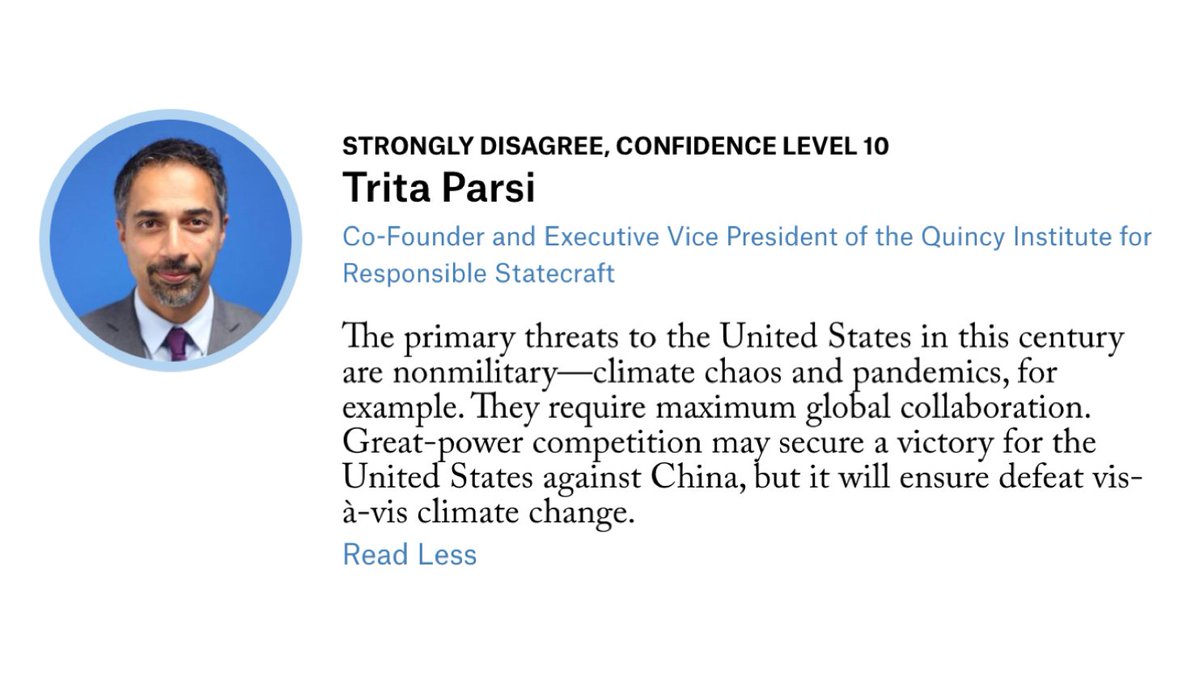 . @tparsi, Co-Founder and Executive Vice President of  @QuincyInst, argued that a great power framework could be counterproductive to solving urgent global threats, like climate change, which do not have military solutions.4/