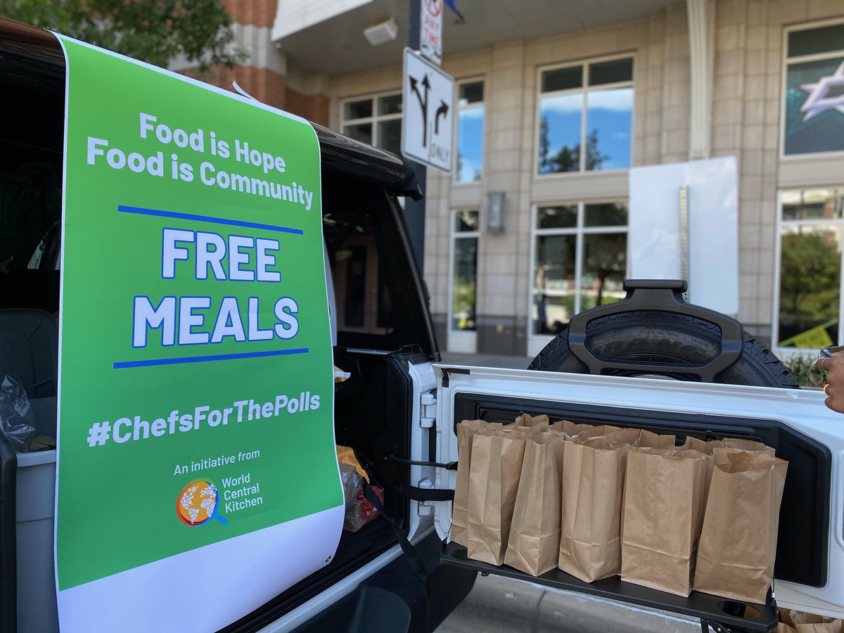 WCKitchen's tweet photo. Voting has started in Dallas, Texas! WCK is set up with free, fresh sandwiches prepared by local chefs near the American Airlines Center—home of the @dallasmavs 🏀 Our Relief Team in Texas is also serving food in Austin &amp; Houston today, more to come! #ChefsForThePolls https://t.co/0Av9HqJuzI