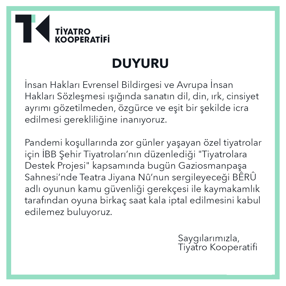 Kamuoyunun bilgisini rica ederiz. <a href="/ibb_kultur/">İBB Kültür</a> <a href="/sehir_tiyatrosu/">Şehrin Tiyatrosu</a> <a href="/TeatraJiyanaNu/">Teatra Jiyana Nû</a>