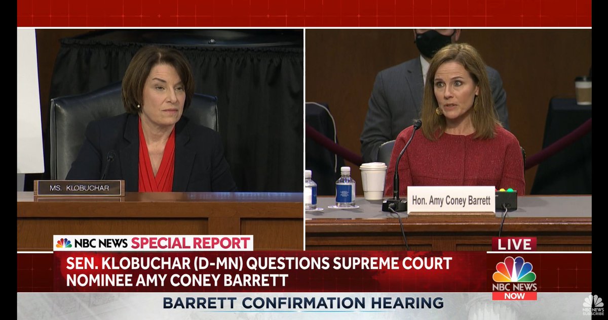 KLOBUCHAR: Judge Barrett, under federal law is it illegal to intimidate voters at the polls?BARRETT: Sen. Klobuchar, I can't characterize the facts in a hypothetical situation and I can't apply the law to a hypothetical set of facts. I can only decide cases as they come to me.