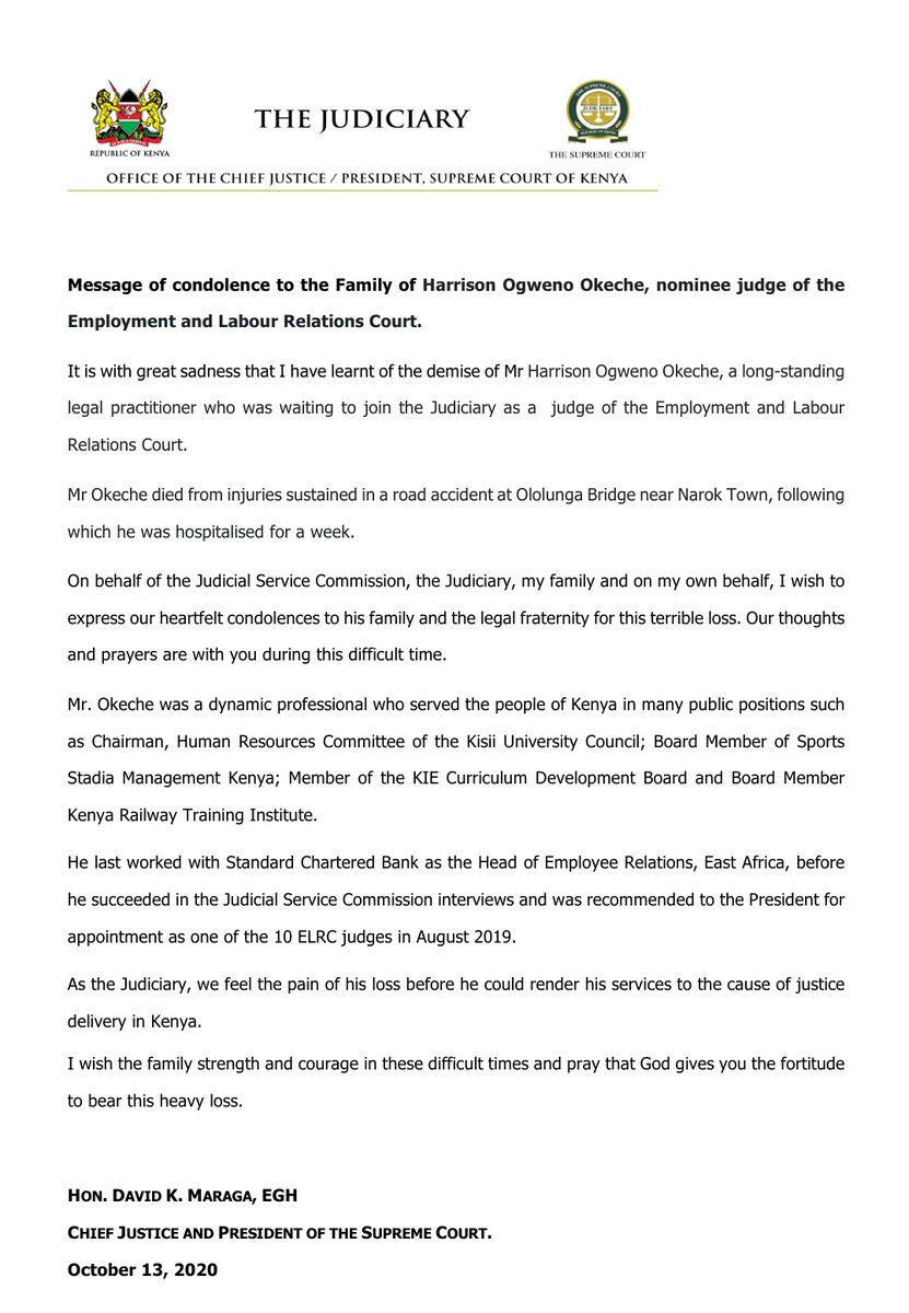 Message of condolence to the Family of Harrison Ogweno Okeche, nominee judge of the Employment and Labour Relations Court.