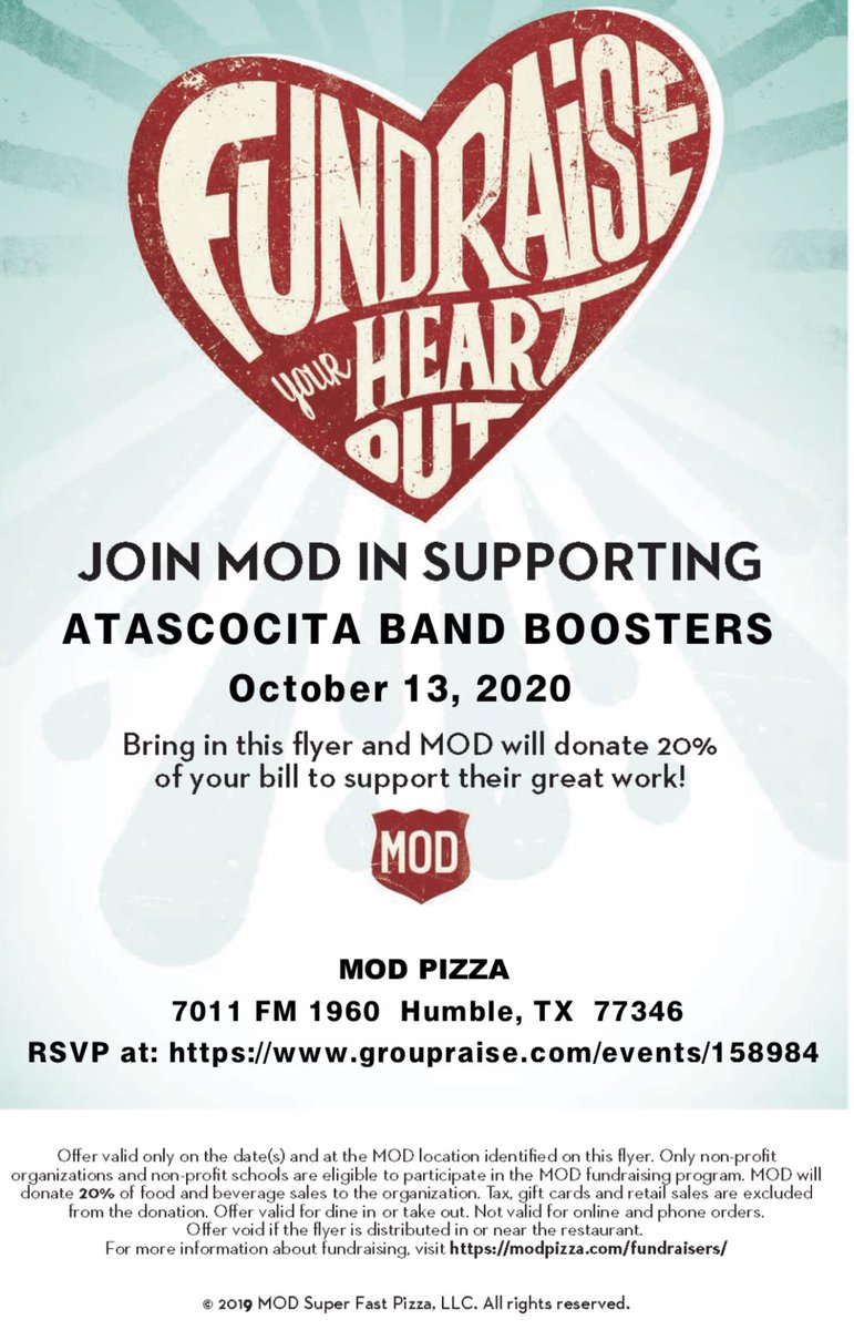AHS Eagle Band (@ahs_eagleband) on Twitter photo Just a reminder that it is Spirit Night at MOD Pizza in Atascocita! Don’t forget to mention you are there to support the band if you are dining in. You can also order online for pickup or curbside. Use the coupon code GR158984A. Thank you! <a href="/HumbleISD_AHS/">The Atascocita HS</a> Just a reminder that it is Spirit Night at MOD Pizza in Atascocita! Don’t forget to mention you are there to support the band if you are dining in. You can also order online for pickup or curbside. Use the coupon code GR158984A. Thank you! <a href="/HumbleISD_AHS/">The Atascocita HS</a>